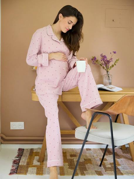 2-Piece Pyjamas in Striped Flannel & Hearts Motifs nude pink - vertbaudet enfant 