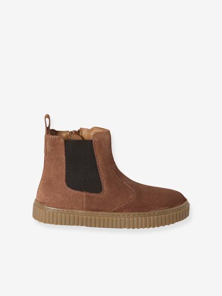 Leather Chelsea Boots with Elastic & Zip for Girls beige+camel+navy blue - vertbaudet enfant 