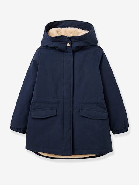 CYRILLUS faux fur lined parka for girls navy blue+rose - vertbaudet enfant 