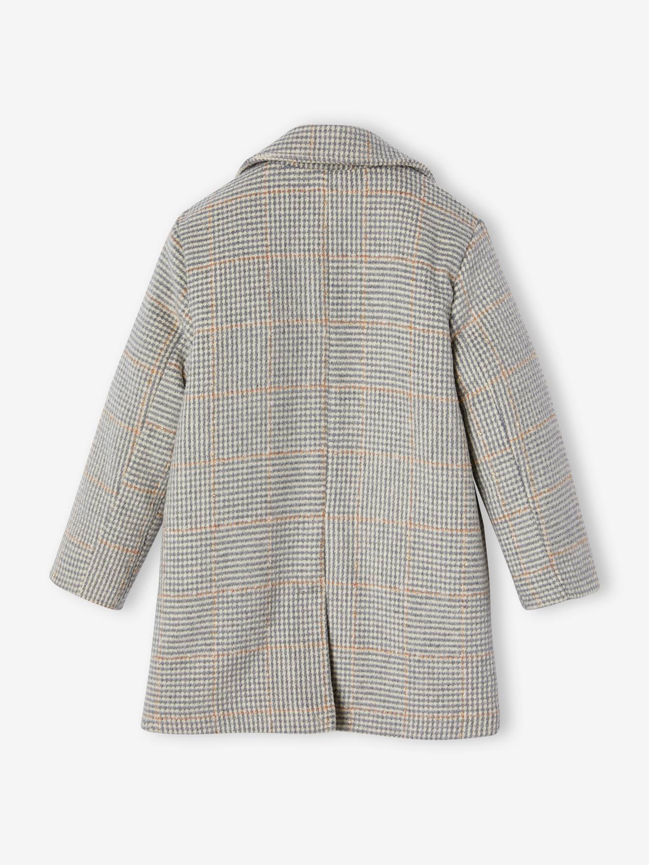 Chequered Coat in Woollen Cloth for Girls - chequered grey, Girls