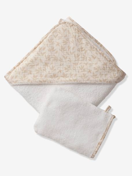 Cape de bain gaze de coton personnalisable + gant de toilette HYGGE beige imprimé - vertbaudet enfant 