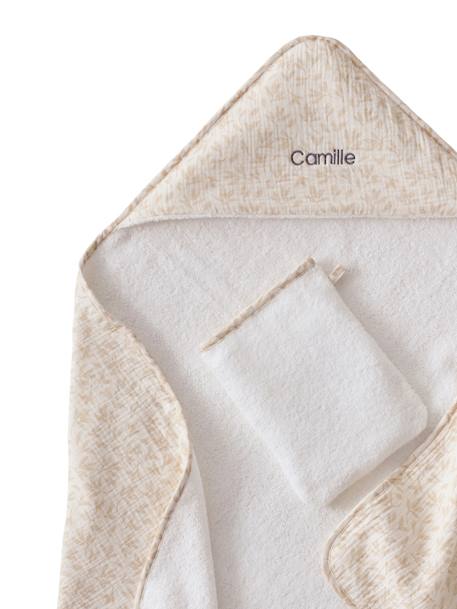 Cape de bain gaze de coton personnalisable + gant de toilette HYGGE beige imprimé - vertbaudet enfant 