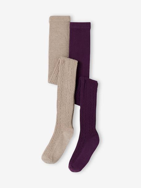 Pack of 2 Pairs of Fancy Cable Knit Tights for Girls aubergine+blush - vertbaudet enfant 
