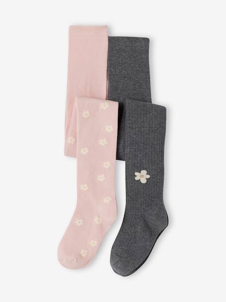 Lot de 2 paires de collants fille à fleurs rose poudré - vertbaudet enfant 