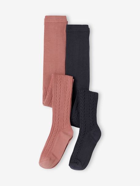 Pack of 2 Pairs of Fancy Cable Knit Tights for Girls aubergine+blush - vertbaudet enfant 