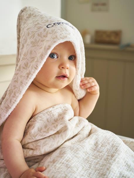 Cape de bain gaze de coton personnalisable + gant de toilette HYGGE beige imprimé - vertbaudet enfant 
