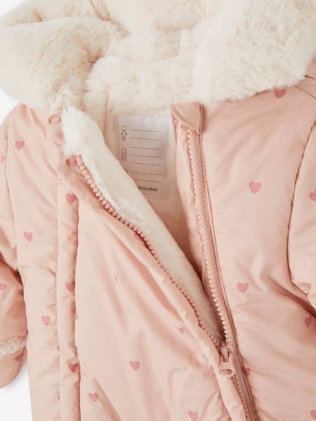 Pramsuit with Heart Prints, Lining in Faux Plush Fur, for Babies old rose - vertbaudet enfant 