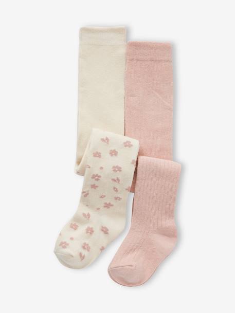 Lot de 2 paires de collants bébé fille à fleurs et en côtes écru - vertbaudet enfant 
