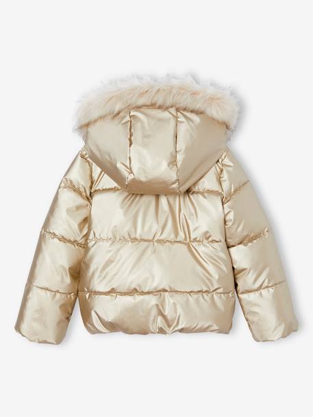 Padded Jacket with Hood & Polar Fleece Lining for Girls anthracite+gold+rosy - vertbaudet enfant 