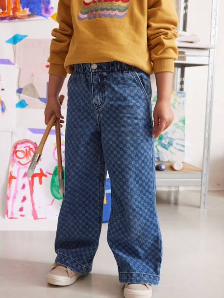 Pantalon fille large motifs fantaisie bleu foncé+denim gris - vertbaudet enfant 