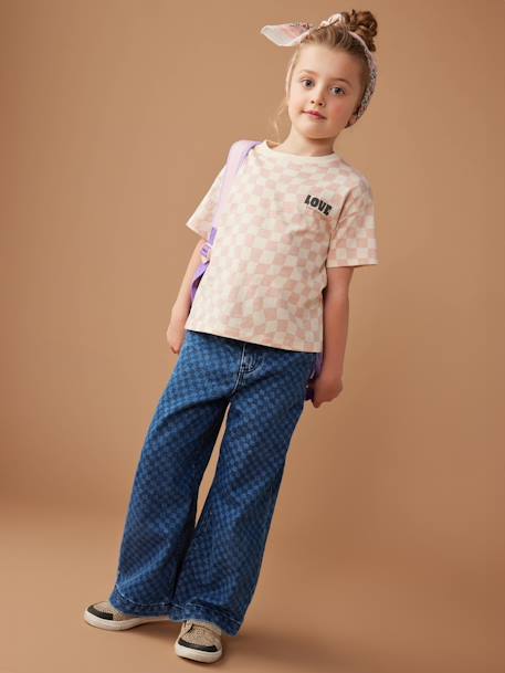 Wide-Leg Paperbag Jeans with Flower Motifs for Girls deep blue+denim grey - vertbaudet enfant 
