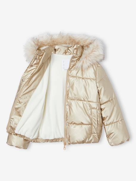 Padded Jacket with Hood & Polar Fleece Lining for Girls anthracite+gold+rosy - vertbaudet enfant 