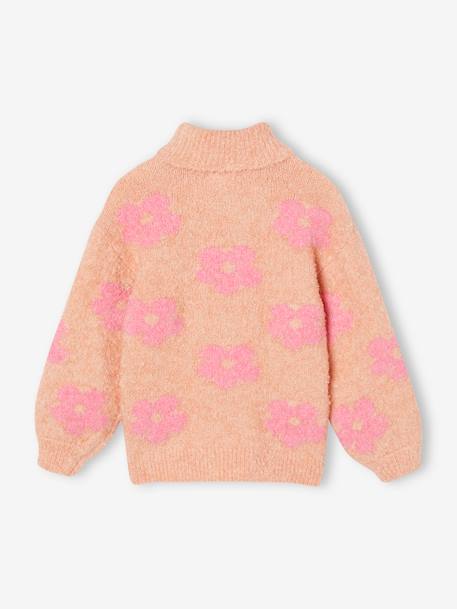 Polo Neck Jumper in Fuzzy Knit with Maxi Motifs for Girls grey green+rose - vertbaudet enfant 
