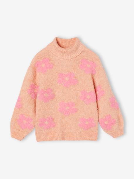 Polo Neck Jumper in Fuzzy Knit with Maxi Motifs for Girls grey green+rose - vertbaudet enfant 