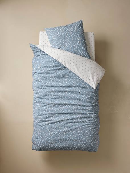 Reversible Duvet Cover + Pillowcase Set for Children, with Recycled Cotton Content, India Blue printed blue - vertbaudet enfant 