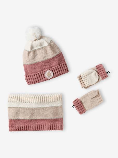 Colourblock Beanie, Snood, Mittens/Fingerless Mitts Set for Girls aqua green+striped pink - vertbaudet enfant 