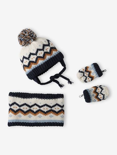 Jacquard Knit Beanie with Ears + Snood + Mittens Set for 