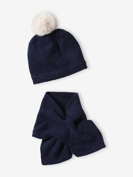 Beanie with Pompom + Scarf Set in Soft Knit for Girls navy blue - vertbaudet enfant 