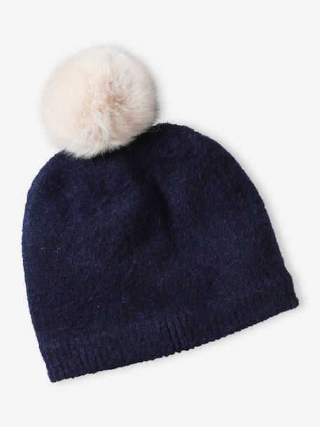 Beanie with Pompom + Scarf Set in Soft Knit for Girls navy blue - vertbaudet enfant 