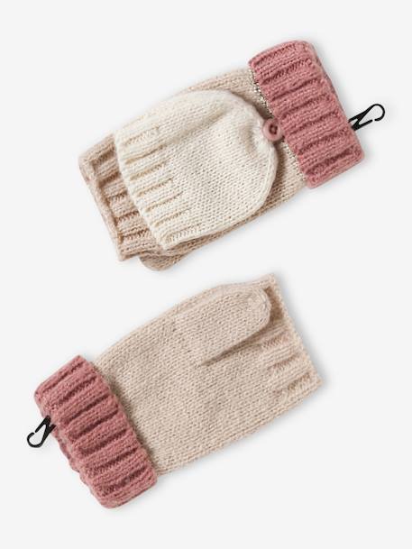 Colourblock Beanie, Snood, Mittens/Fingerless Mitts Set for Girls aqua green+striped pink - vertbaudet enfant 