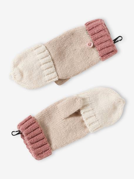 Colourblock Beanie, Snood, Mittens/Fingerless Mitts Set for Girls aqua green+striped pink - vertbaudet enfant 
