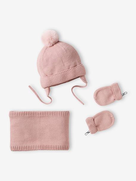 Beanie + Snood + Mittens Set for Baby Girls rosy - vertbaudet enfant 