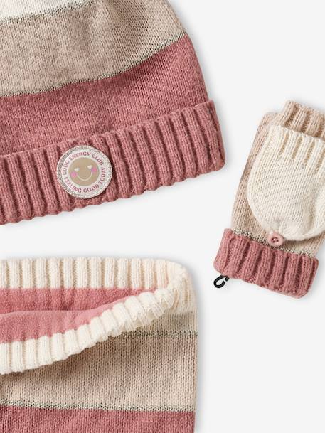 Colourblock Beanie, Snood, Mittens/Fingerless Mitts Set for Girls aqua green+striped pink - vertbaudet enfant 