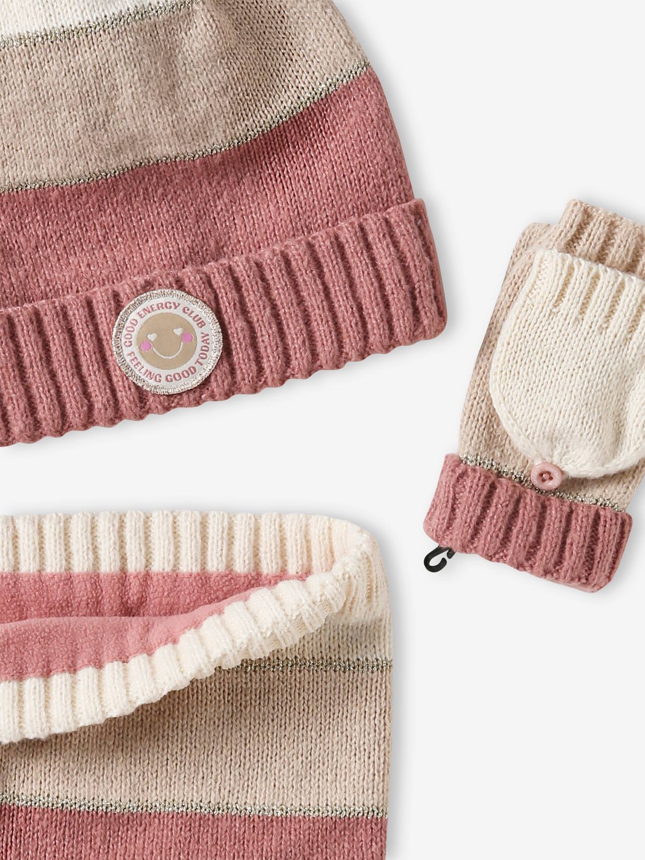 Ensemble Bonnet + Snood + Moufles/Mitaines Vertbaudet Fille | Rayures & Cœurs | Taille 2/3 Ans (2/3A) - 3