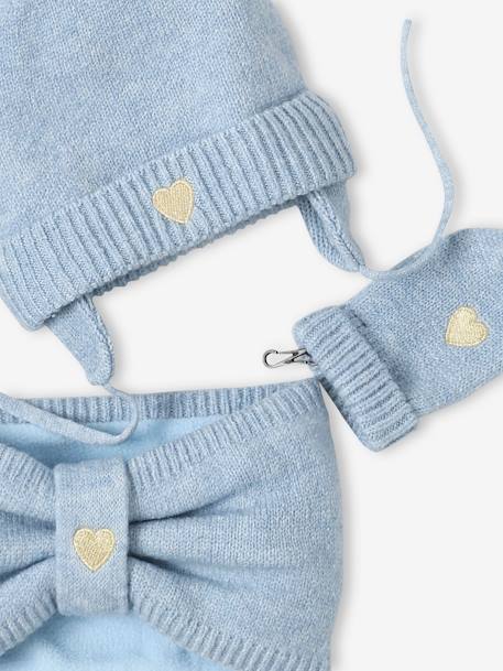 Heart Beanie + Snood + Mittens Set for Baby Girls crystal blue - vertbaudet enfant 
