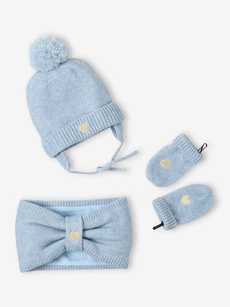 Heart Beanie + Snood + Mittens Set for Baby Girls crystal blue - vertbaudet enfant 