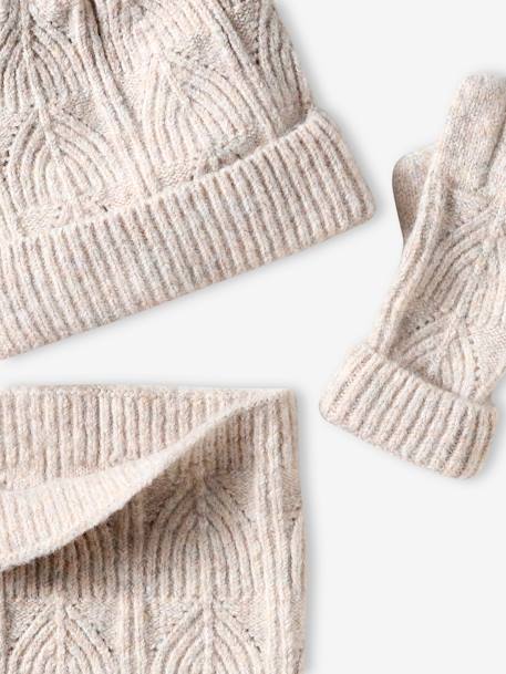Beanie + Snood + Mittens Set in Shimmering Cable-Knit ecru+marl grey+PINK MEDIUM SOLID - vertbaudet enfant 