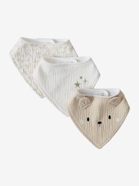 Lot 3 bavoirs bandanas en gaze de coton beige imprimé+BLANC+bleu grisé+cappuccino+écru+lot renard+lot vert panda+rose pâle+vert sauge - vertbaudet enfant 