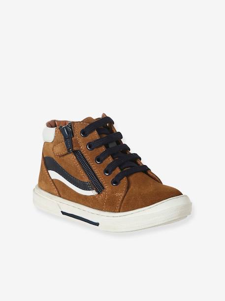 High-Top Leather Shoes for Boys brown+navy blue - vertbaudet enfant 
