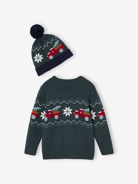 Christmas Gift Box Jacquard Knit Jumper & Matching Beanie  with Pompom for Boys fir green - vertbaudet enfant 