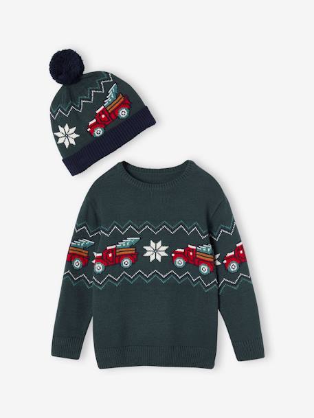 Christmas Gift Box Jacquard Knit Jumper & Matching Beanie  with Pompom for Boys fir green - vertbaudet enfant 