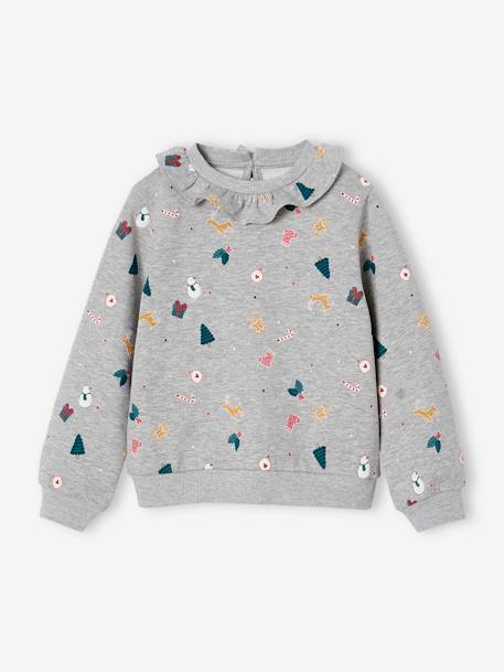 Sweat Noël à colerette imprimé fille gris chiné - vertbaudet enfant 