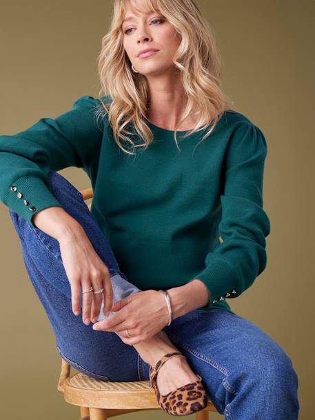 Fine Knit Jumper with Golden Button Details, by ENVIE DE FRAISE black+fir green - vertbaudet enfant 