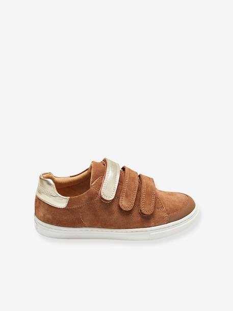 Baskets enfant fille en cuir à scratchs marine+marron+noir - vertbaudet enfant 
