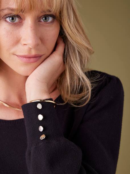 Fine Knit Jumper with Golden Button Details, by ENVIE DE FRAISE black+fir green - vertbaudet enfant 
