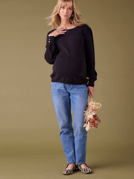 Fine Knit Jumper with Golden Button Details, by ENVIE DE FRAISE black+fir green - vertbaudet enfant 