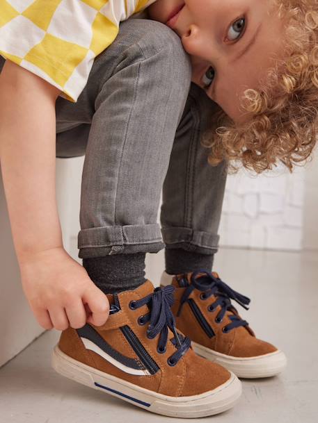 High-Top Leather Shoes for Boys brown+navy blue - vertbaudet enfant 