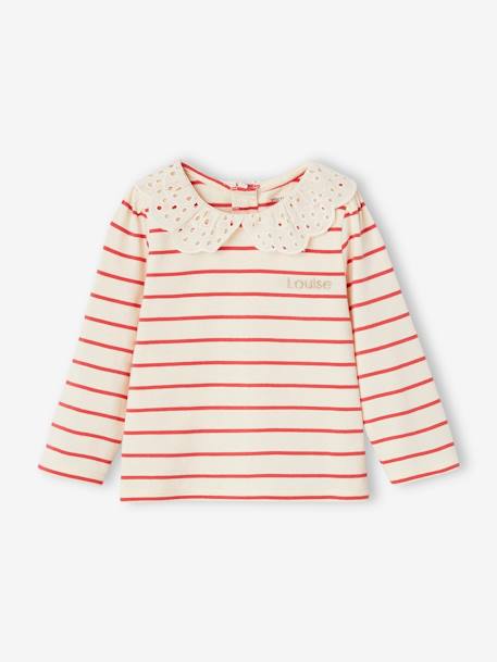 T-shirt bébé col brodé manches longues beige clair+rayé marine+rayé rouge - vertbaudet enfant 
