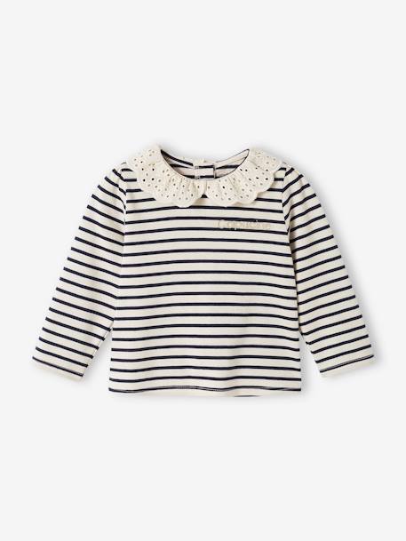 T-shirt bébé col brodé manches longues beige clair+rayé marine+rayé rouge - vertbaudet enfant 