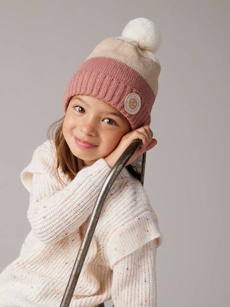 Colourblock Beanie, Snood, Mittens/Fingerless Mitts Set for Girls aqua green+striped pink - vertbaudet enfant 