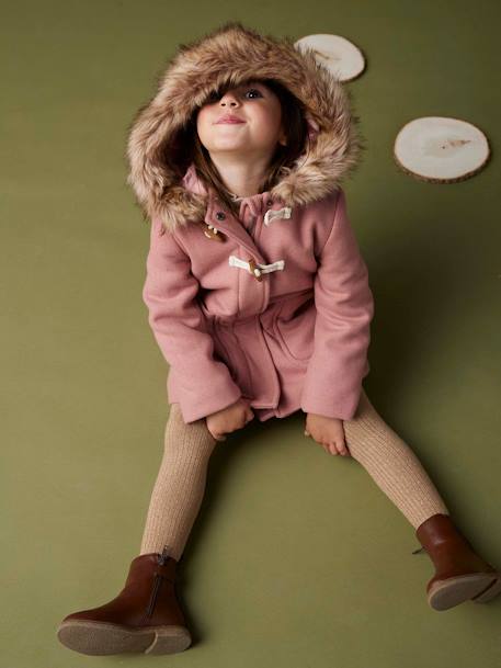 Duffle-coat à capuche fille drap de laine blush+camel+vert de gris - vertbaudet enfant 
