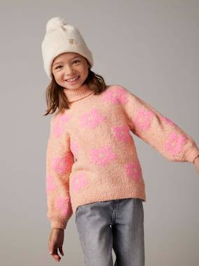 -Pull fille col roulé maille mousseuse maxi motifs