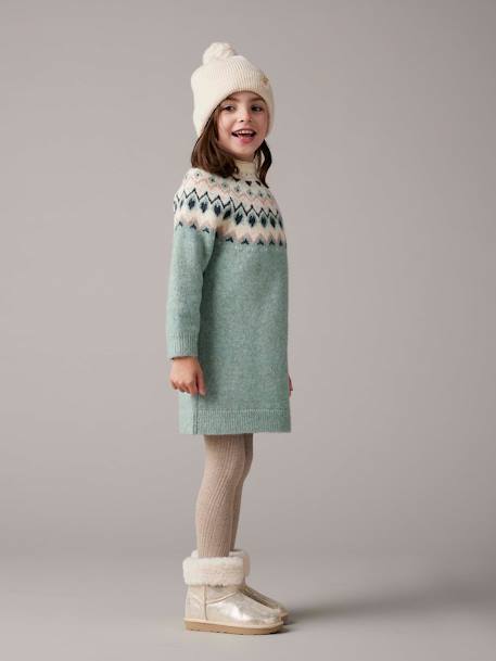 Jacquard Knit Dress for Girls grey green+rosy - vertbaudet enfant 