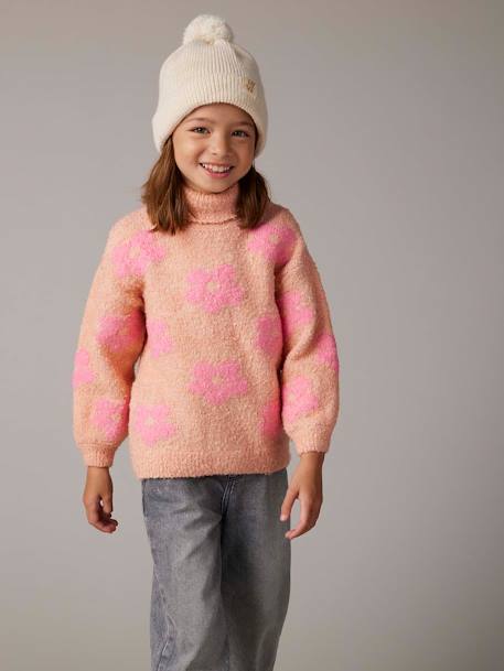 Polo Neck Jumper in Fuzzy Knit with Maxi Motifs for Girls grey green+rose - vertbaudet enfant 