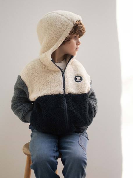 Sweat garçon zippé à capuche en sherpa coloblock bleu ardoise - vertbaudet enfant 