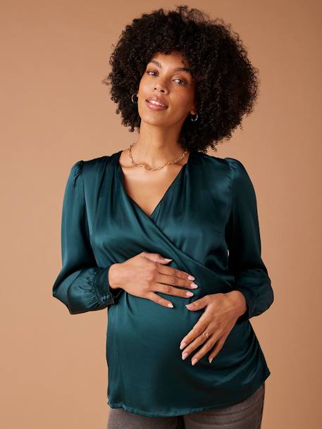 Sateen Blouse with Crossover Effect for Maternity, ENVIE DE FRAISE petrol blue - vertbaudet enfant 